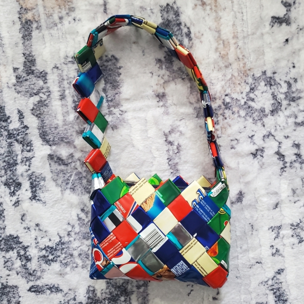 Handmade Upcycled Recycled Candy Wrapper Woven Mini Shoulder Bag Colorful Y2K